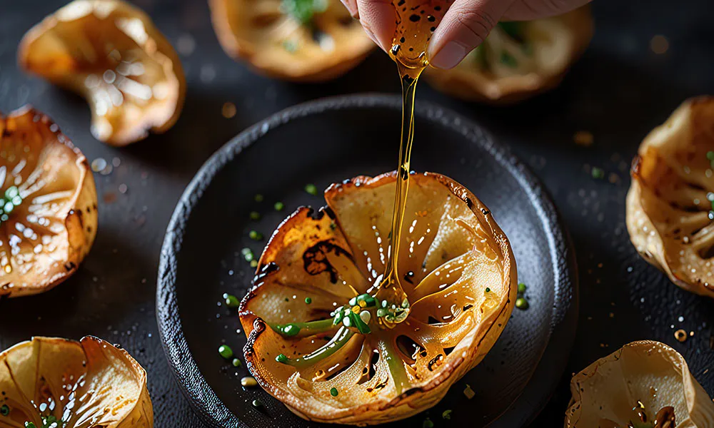Roasted garlic with drizzled oil, herbs, and charred edges on a black plate at Lahana Indian Cuisine, a Authentic Indian Cuisine Restaurant in New York