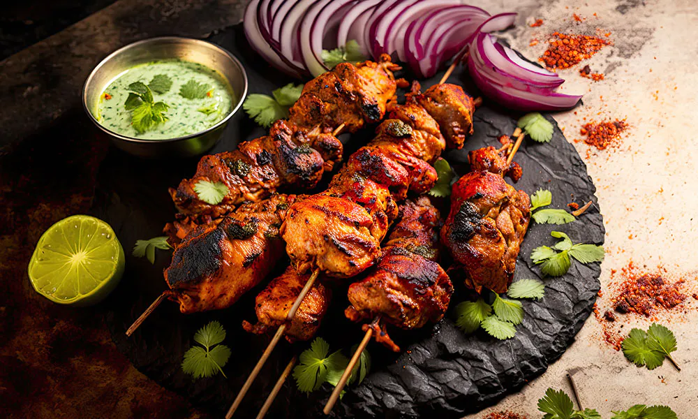 Spicy grilled chicken tikka skewers with mint chutney, onions, and lime at Lahana Indian Cuisine, a Authentic Indian Cuisine Restaurant in New York