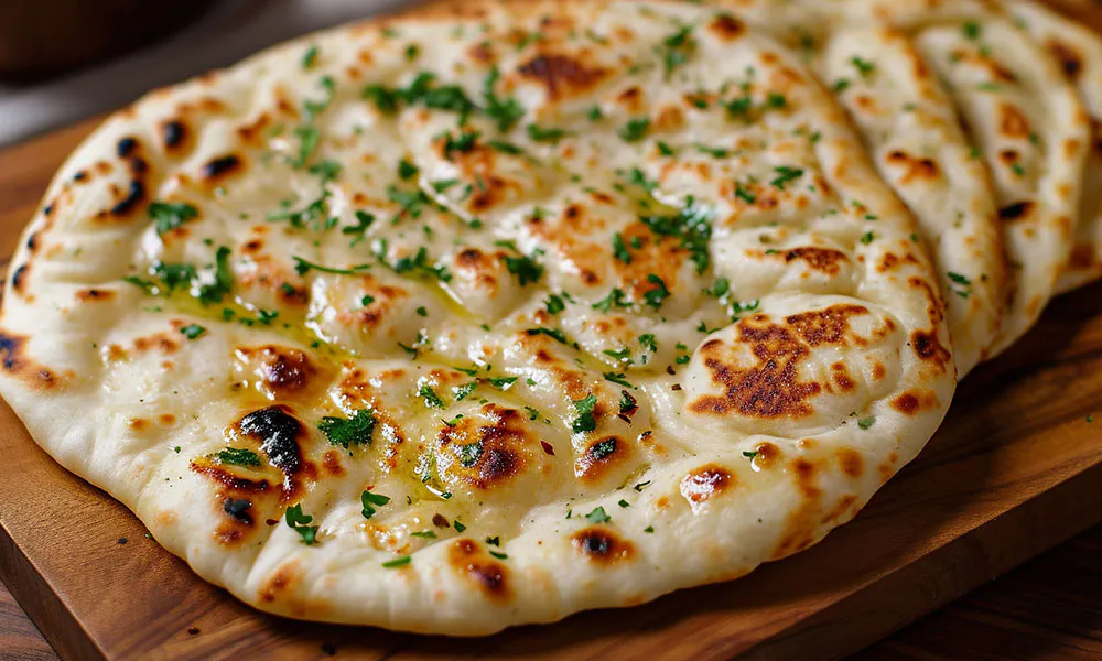 Buttery garlic naan bread with herbs, golden-brown and charred on a wooden board at Lahana Indian Cuisine, a Authentic Indian Cuisine Restaurant in New York
